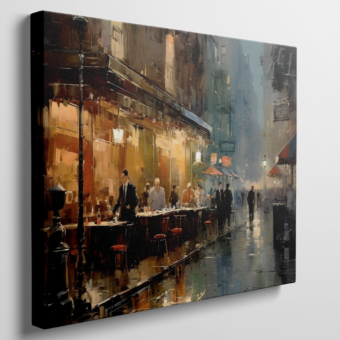 Framed canvas print of a lively European street scene with cafes and pedestrians in an impressionist style