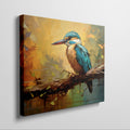 Framed canvas print of a vibrant, colourful impressionistic kingfisher perched on a branch