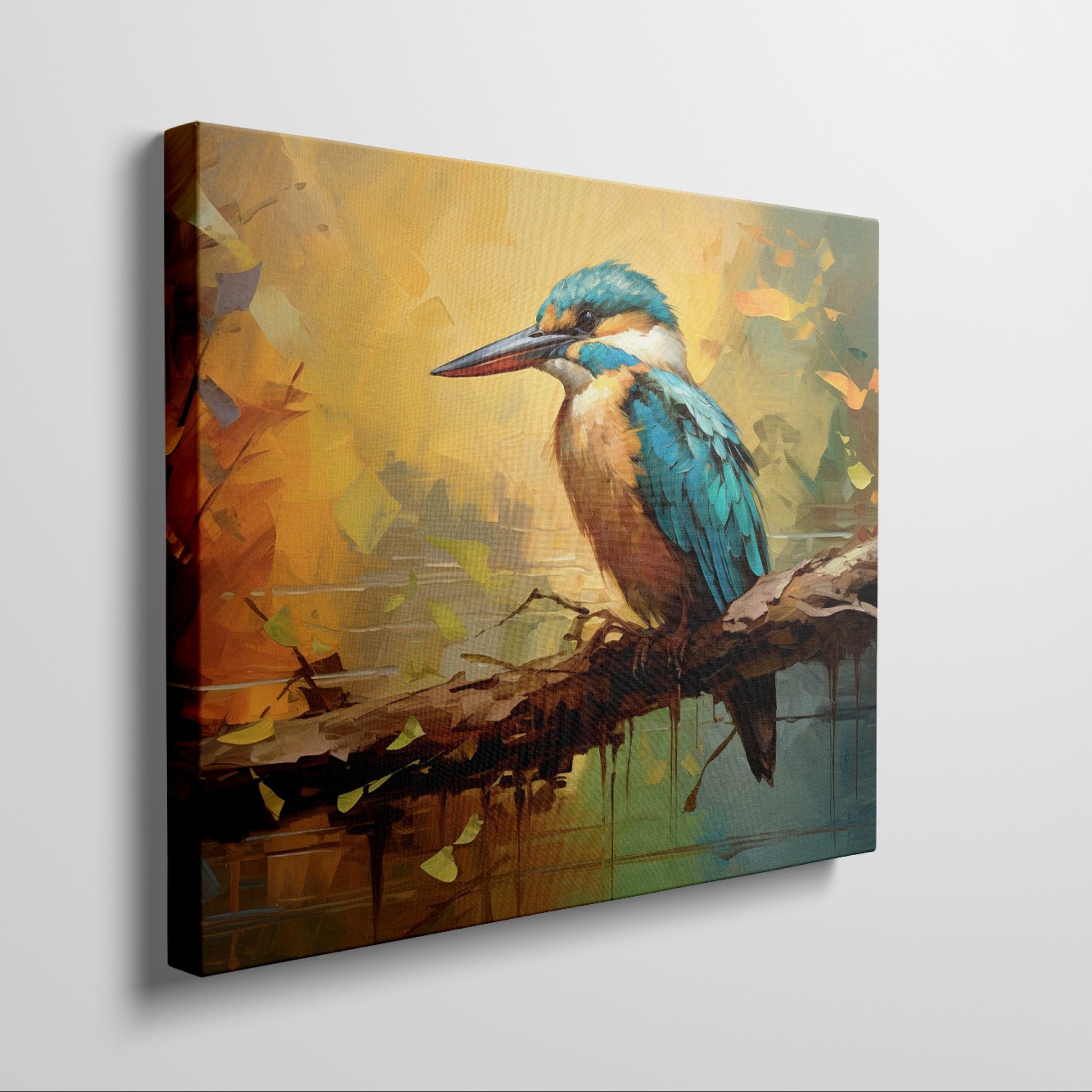 Framed canvas print of a vibrant, colourful impressionistic kingfisher perched on a branch