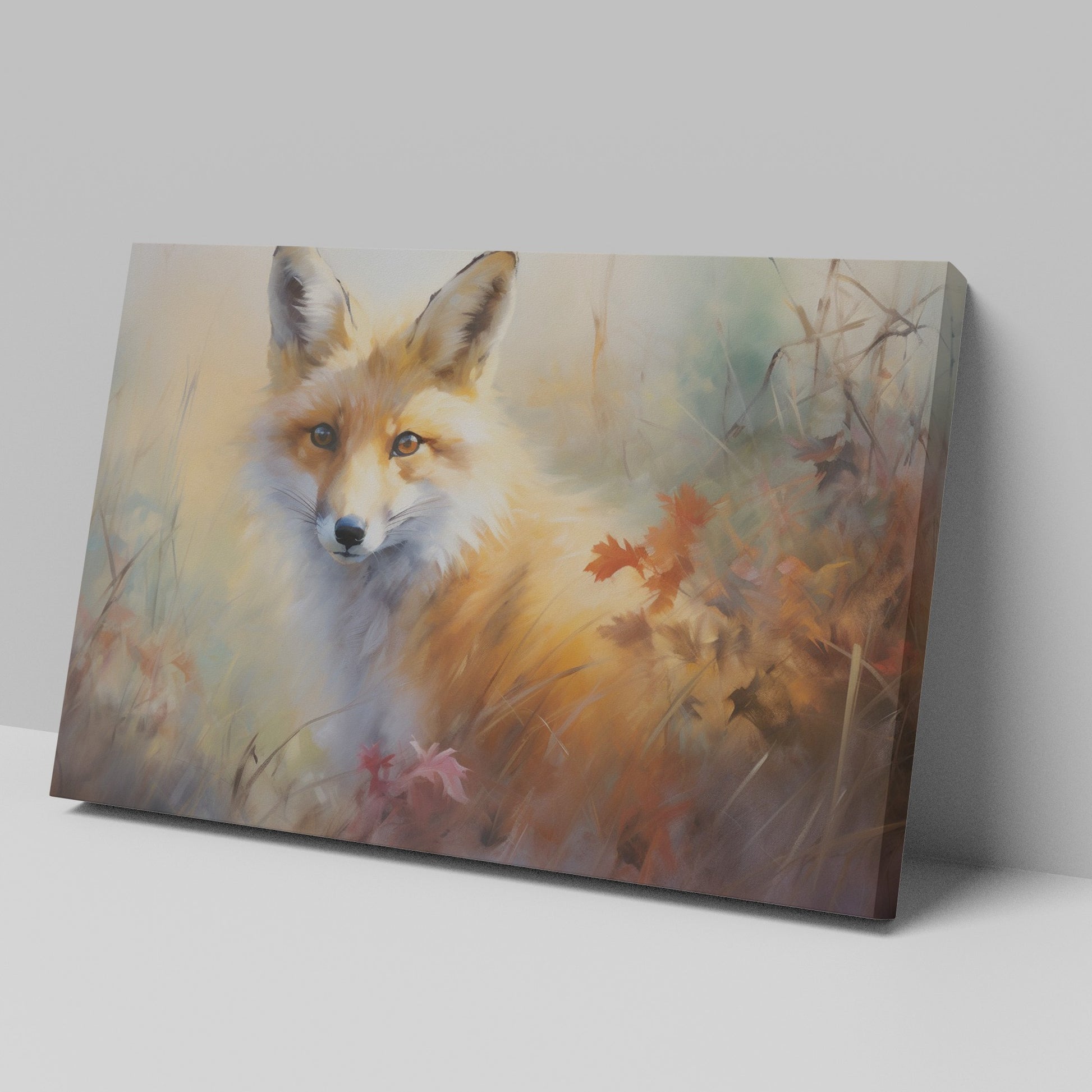 Framed canvas print of an autumn fox in a rustic impressionistic style with warm amber and ochre tones