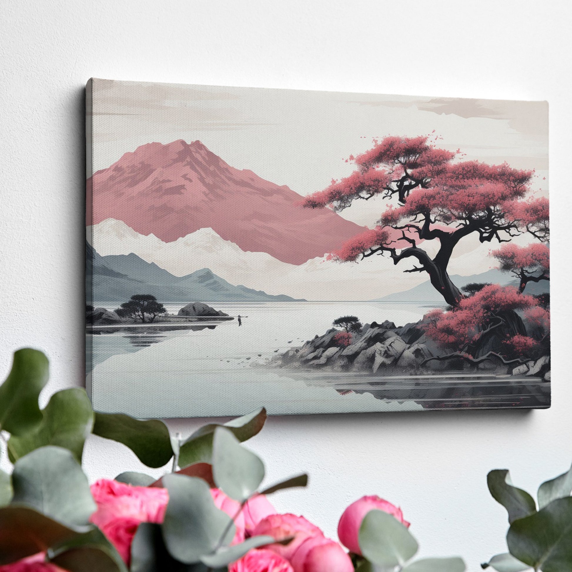 Framed canvas print of a serene mountain landscape with blooming pink sakura trees and tranquil lake