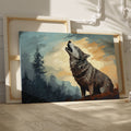 Framed canvas print of a howling wolf in a forest at dusk with vibrant earthy tones