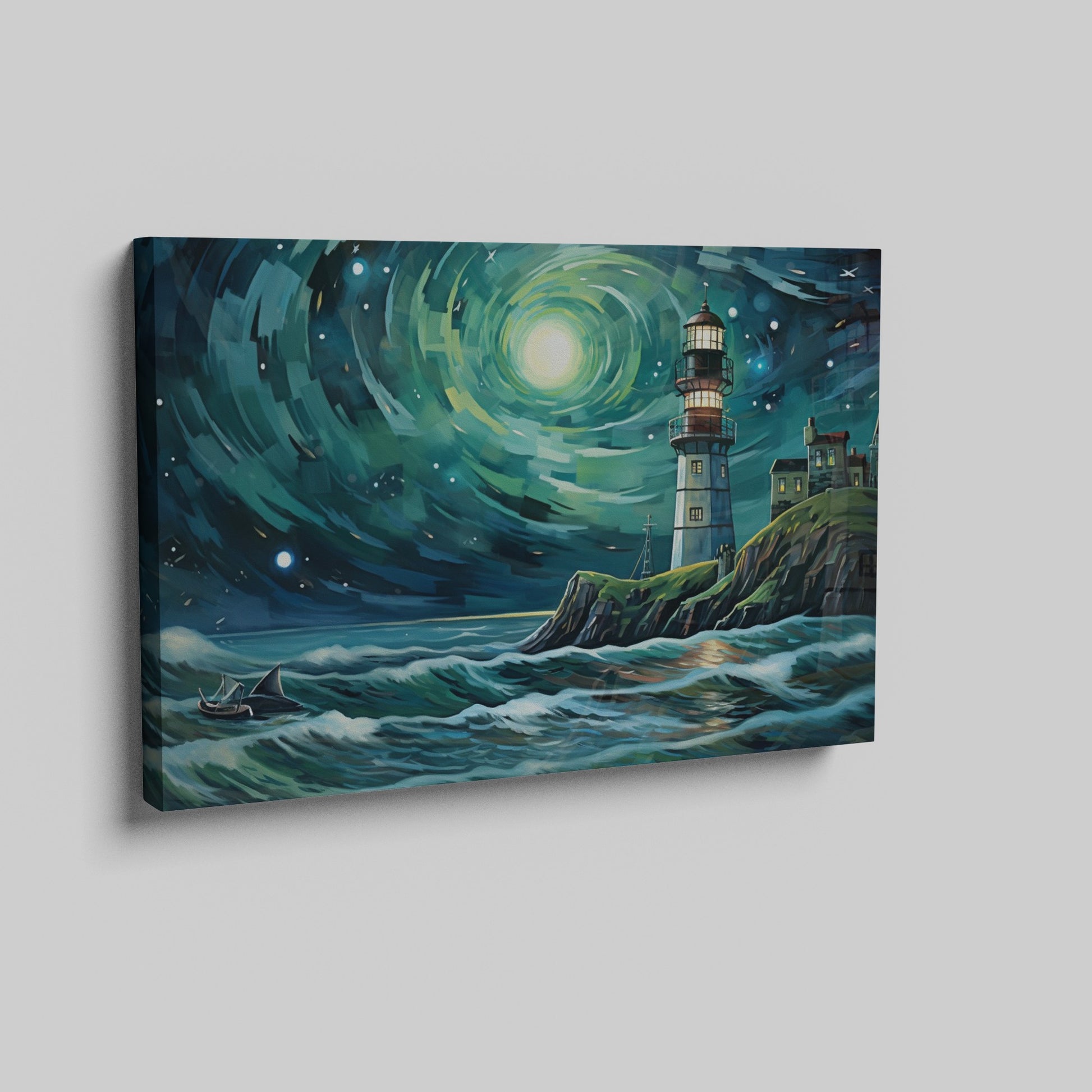 A canvas painting of a lighthouse on a cliff with a swirling starry sky and rough sea in shades of blue and green.