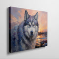 Framed canvas print of an impressionistic Siberian Husky with a vibrant sunset