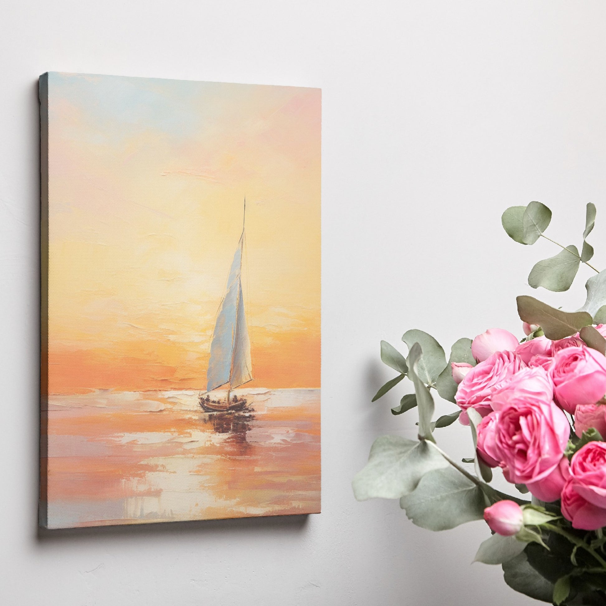 Framed canvas print of impressionistic sailboat at sunset with warm golden and orange tones