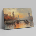 Framed canvas print of London's Big Ben and River Thames during sunset with impressionist style painting