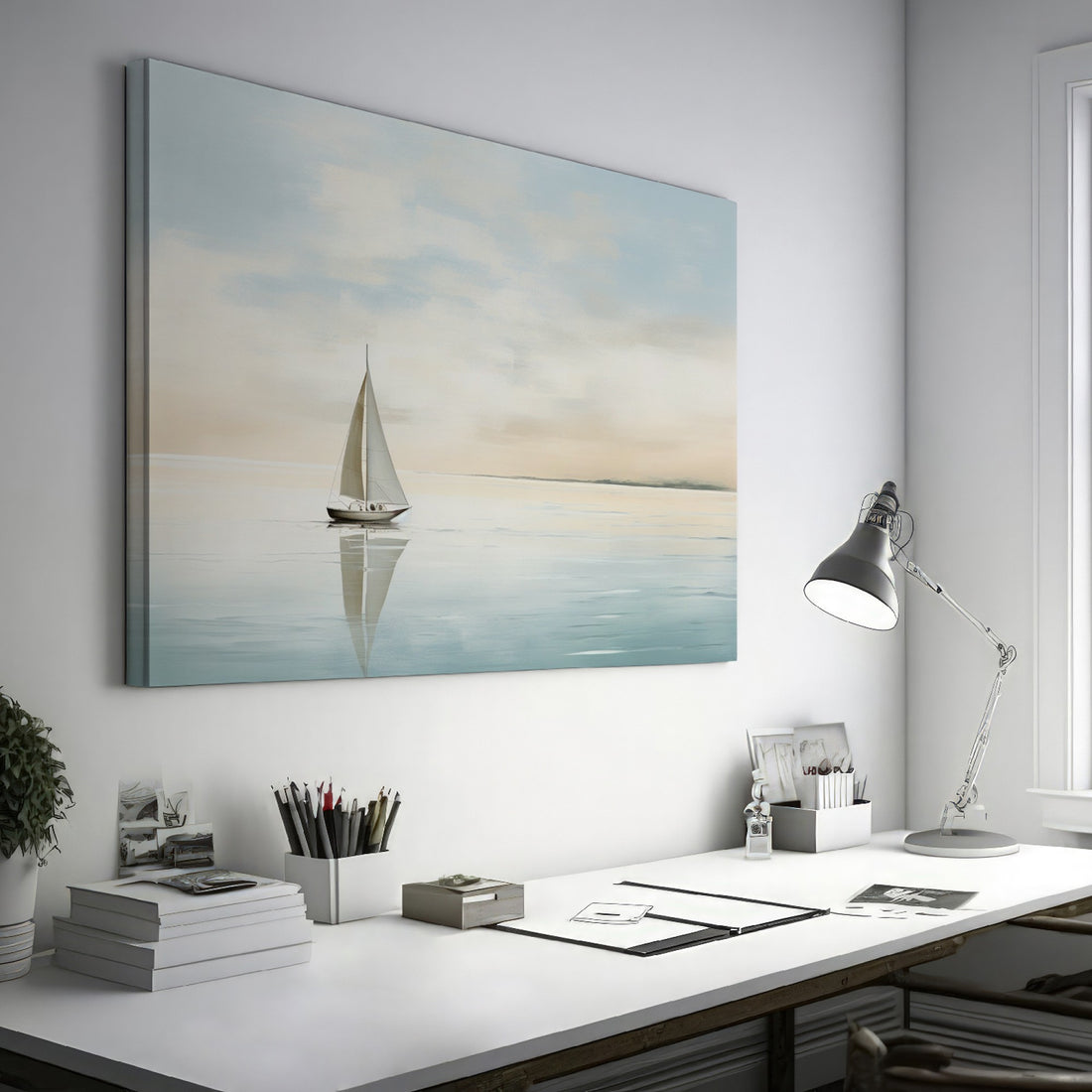 Framed canvas print of a tranquil sailboat at dawn with soft colors and serene seascape