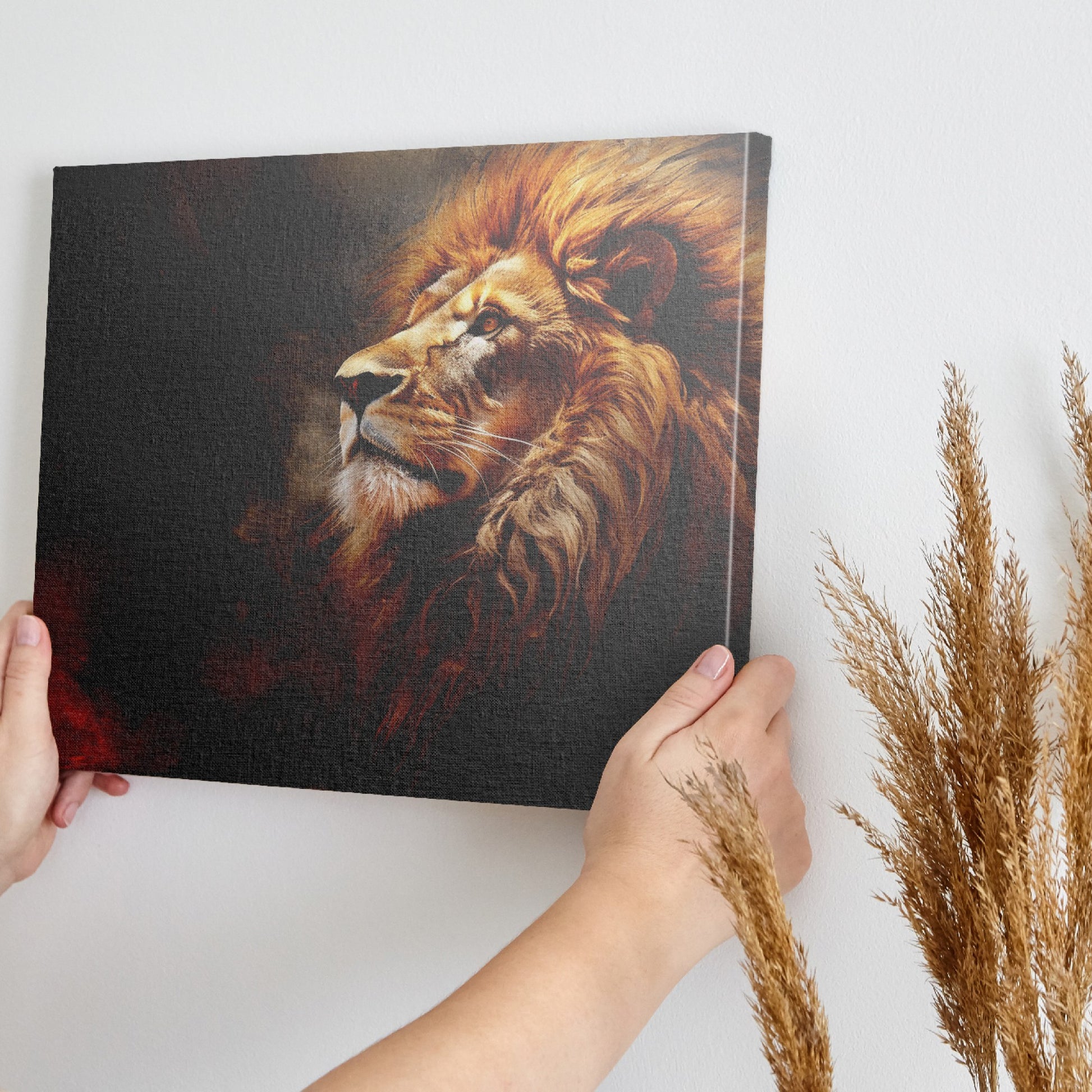 Framed canvas print of a realistic lion portrait with fiery mane