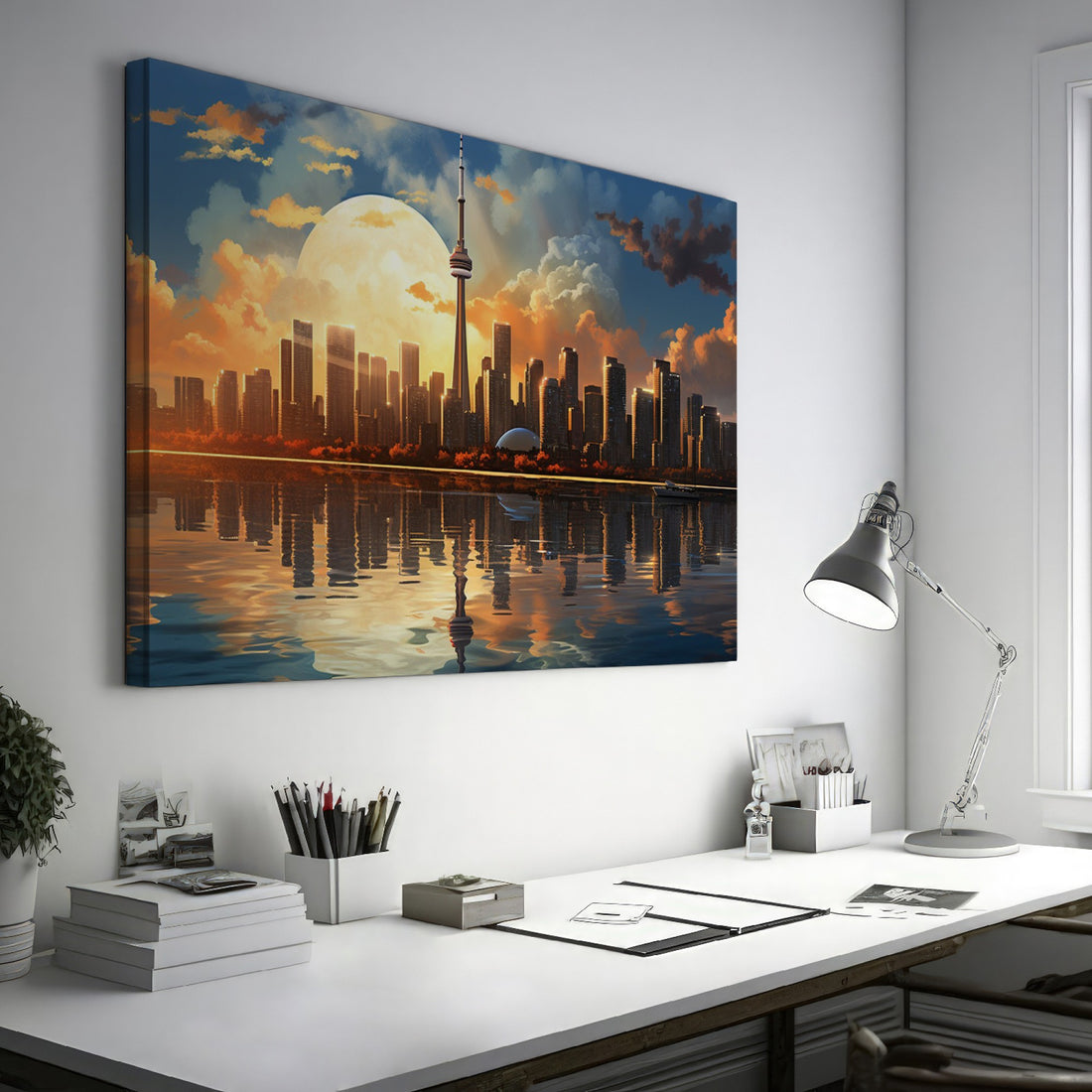 Framed canvas print of Toronto skyline with large moon and water reflections at sunset