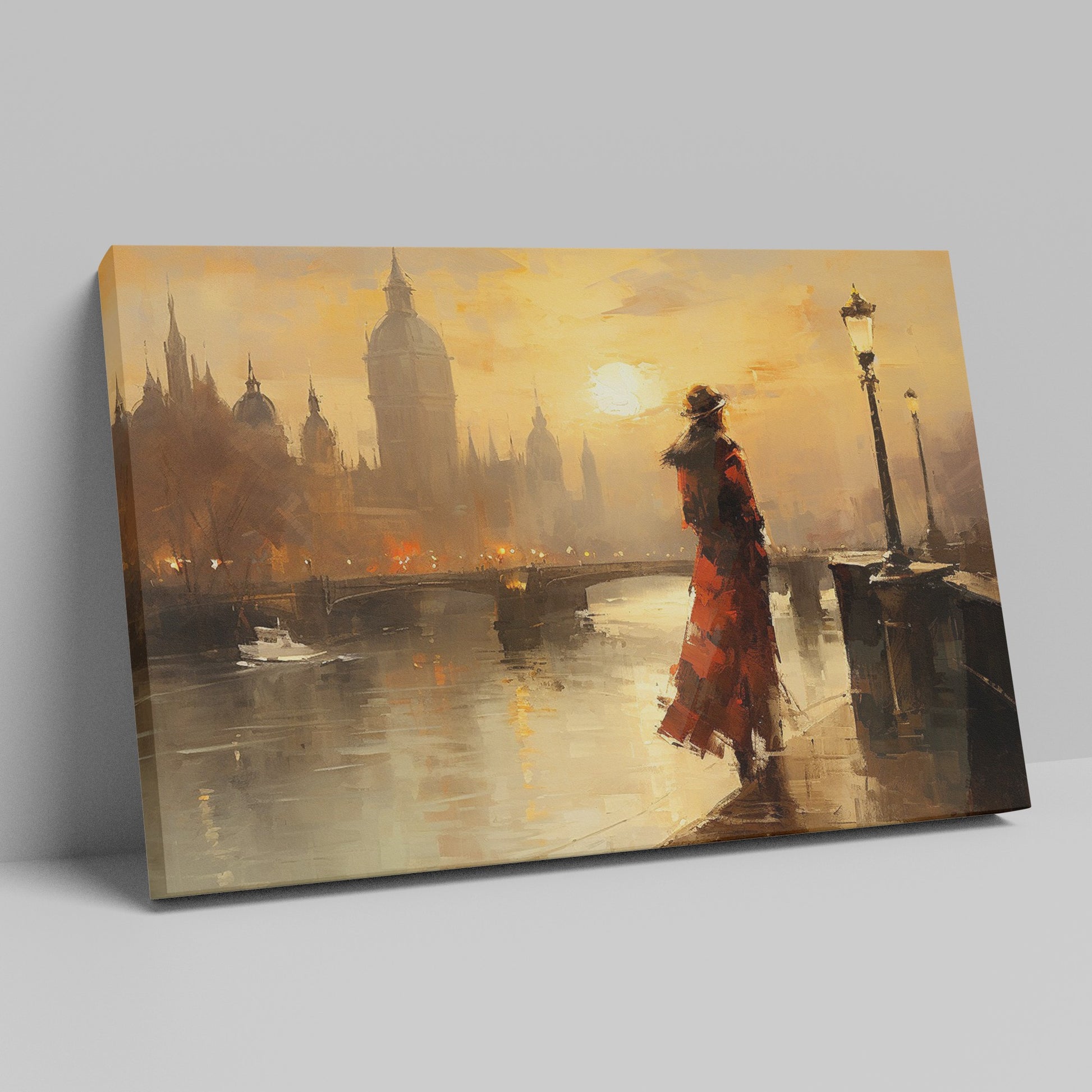 Framed canvas print of a vintage-style sunset over London's Thames, with elegant silhouette and warm colour palette