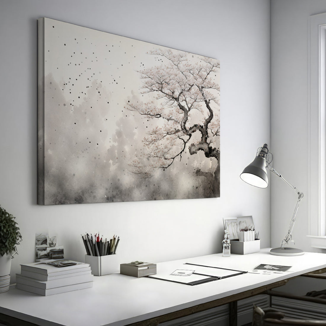 Framed canvas print of cherry blossom tree with ink wash effect