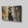 Framed canvas print of an elegant woman in a black dress with a sepia-toned urban street scene background