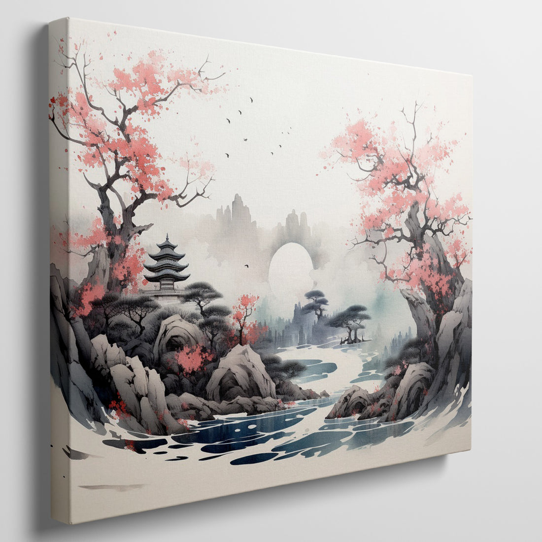 Framed canvas print of Oriental landscape with cherry blossoms and pagoda