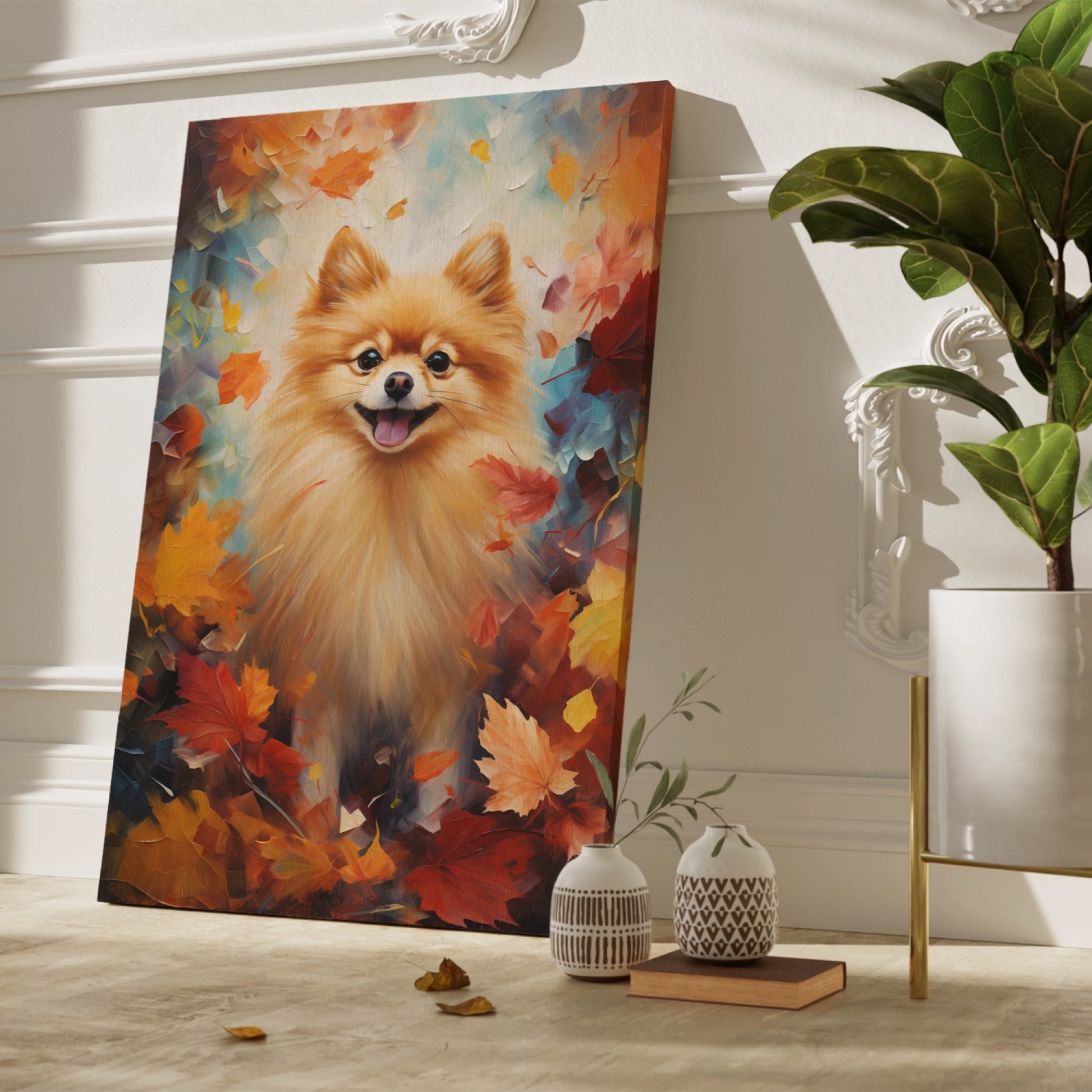 Framed canvas print of a cheerful Pomeranian amidst a vibrant display of autumn leaves