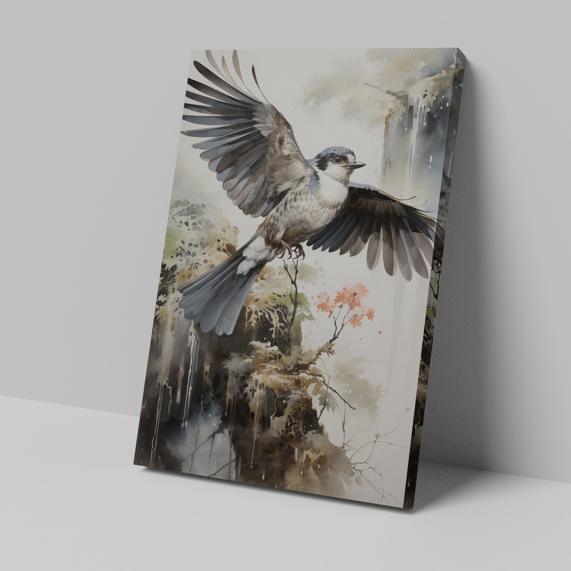 Framed canvas print of a majestic bird in flight with Asian inspired watercolour background