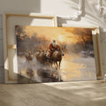 Framed canvas print of Santa Claus with reindeer in a winter sunset landscape