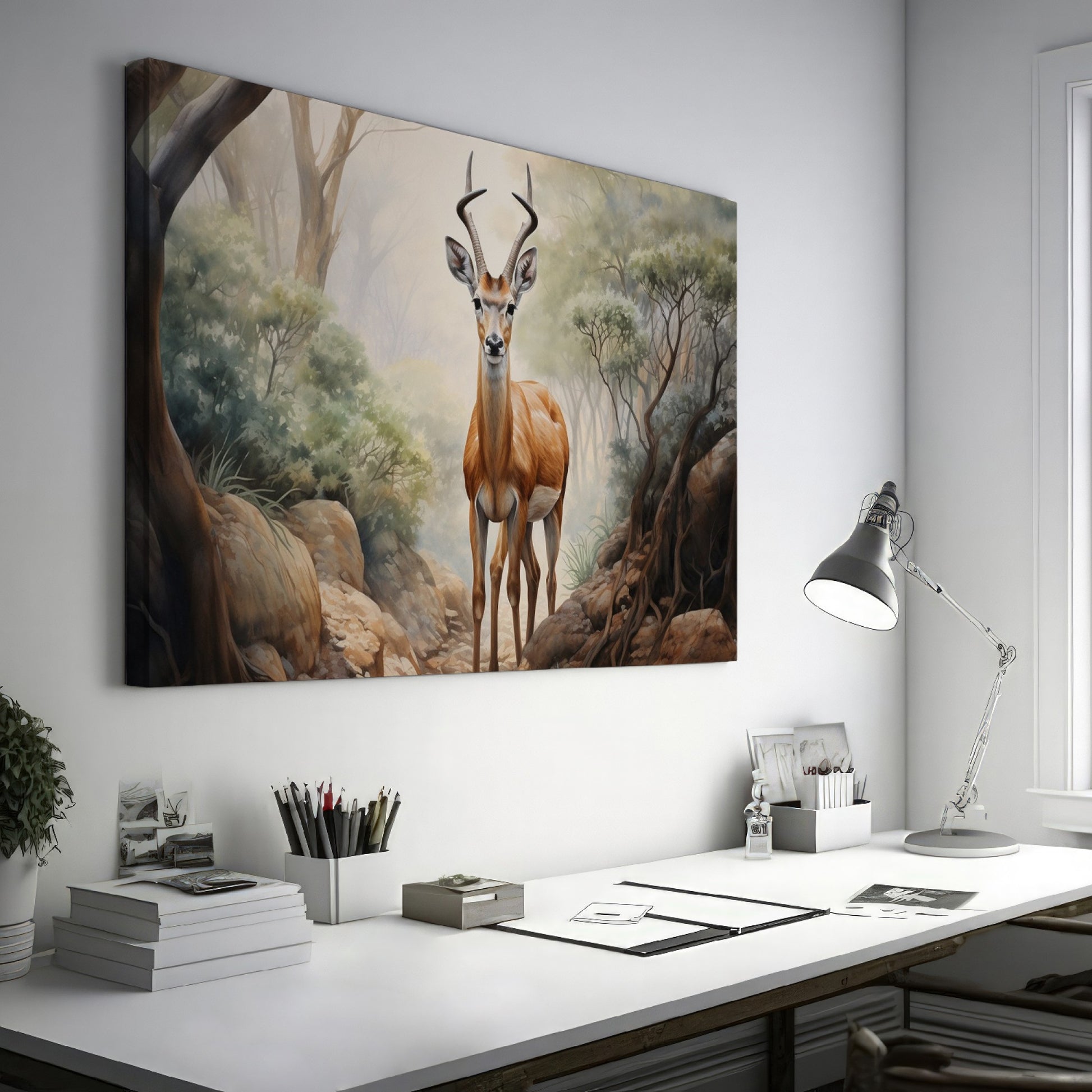 Framed canvas print of a realistic antelope in a misty forest setting with warm, earthy tones