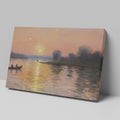 Framed canvas print of an impressionist sunset river scene with canoes and a warm glow