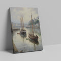 Framed canvas print of a tranquil harbour with vintage sailboats and quaint buildings