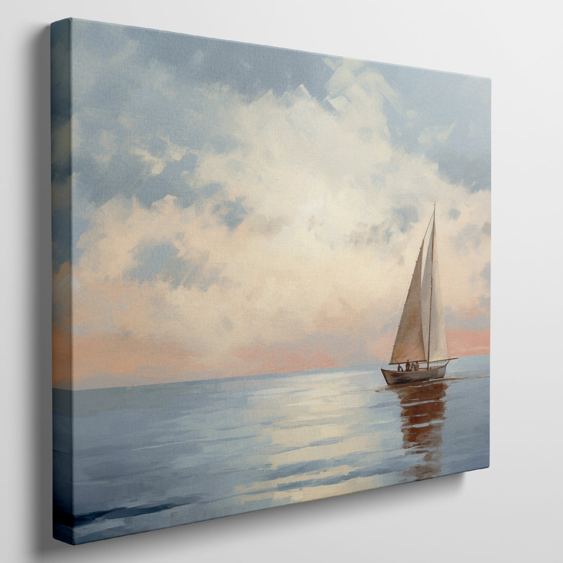 Framed canvas print of a sailboat sailing at sunset with an ethereal sky