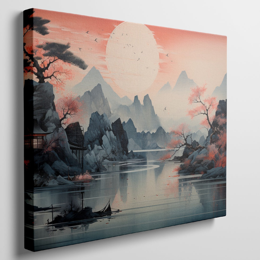 Framed canvas print of an Oriental Sunset with Cherry Blossoms and Mountains