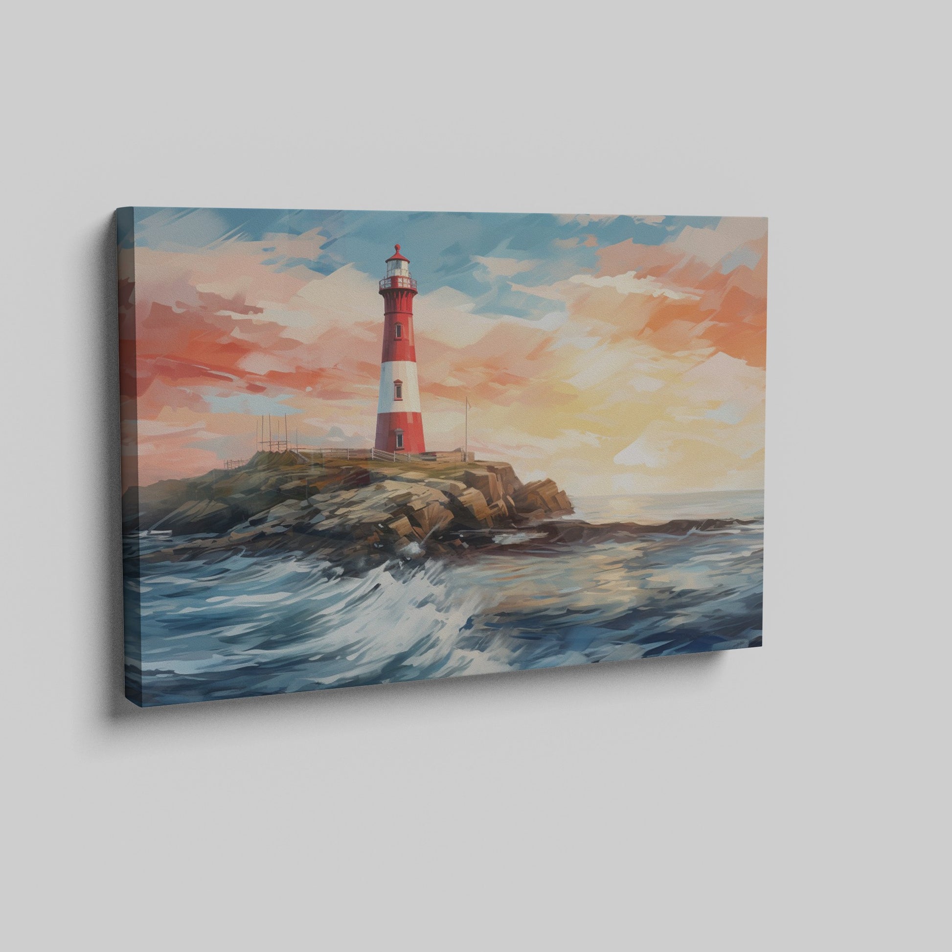 Framed canvas print of a vibrant sunset seascape with a red and white lighthouse on a cliff