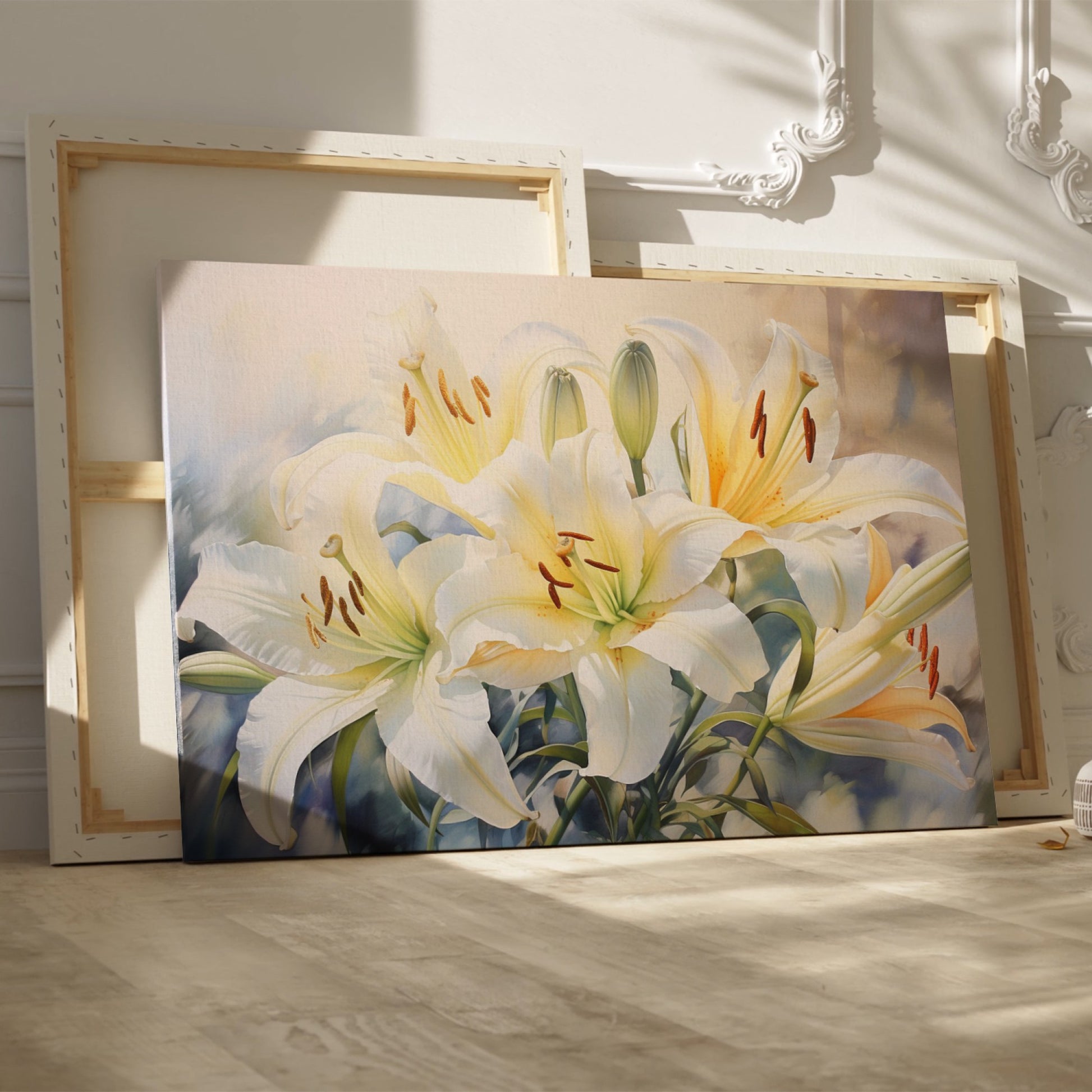 Framed canvas print of realistic white lily flowers with vibrant green foliage on a subtle background