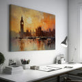 Framed canvas print of an impressionist painting featuring the London skyline with Big Ben at sunset