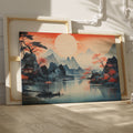 Framed canvas print of an Oriental Sunset with Cherry Blossoms and Mountains