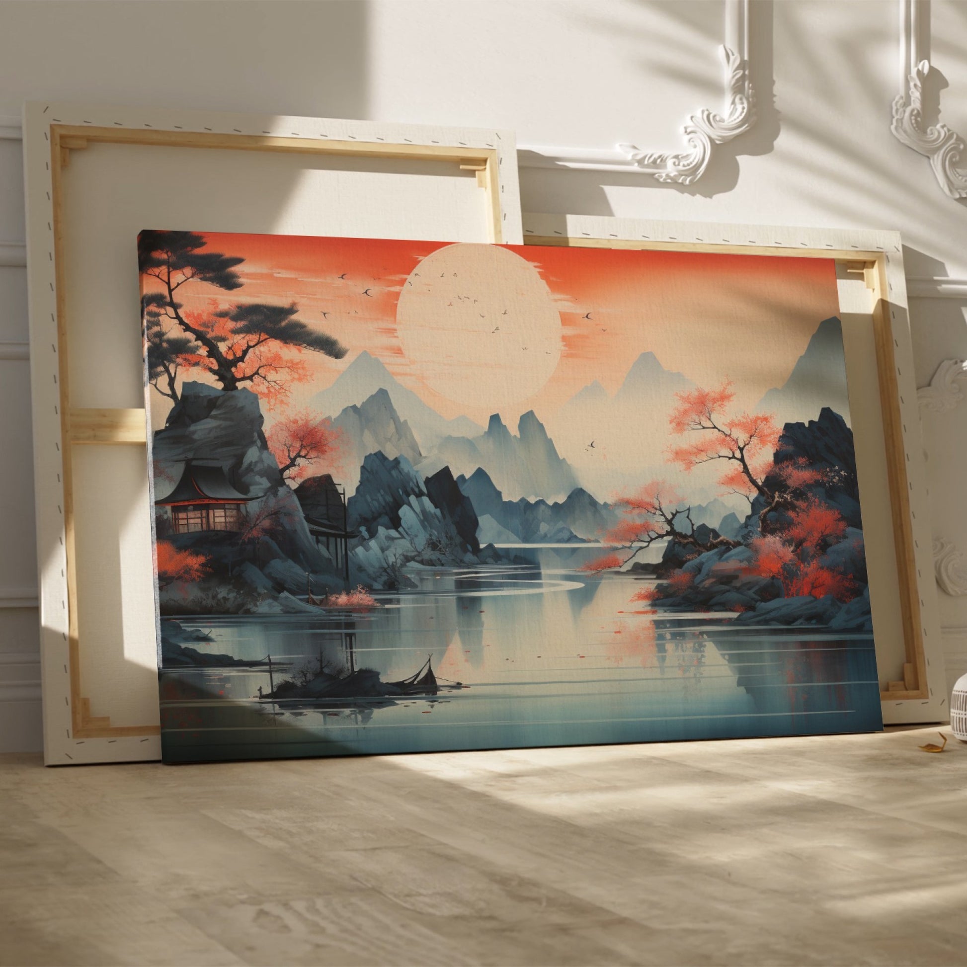 Framed canvas print of an Oriental Sunset with Cherry Blossoms and Mountains