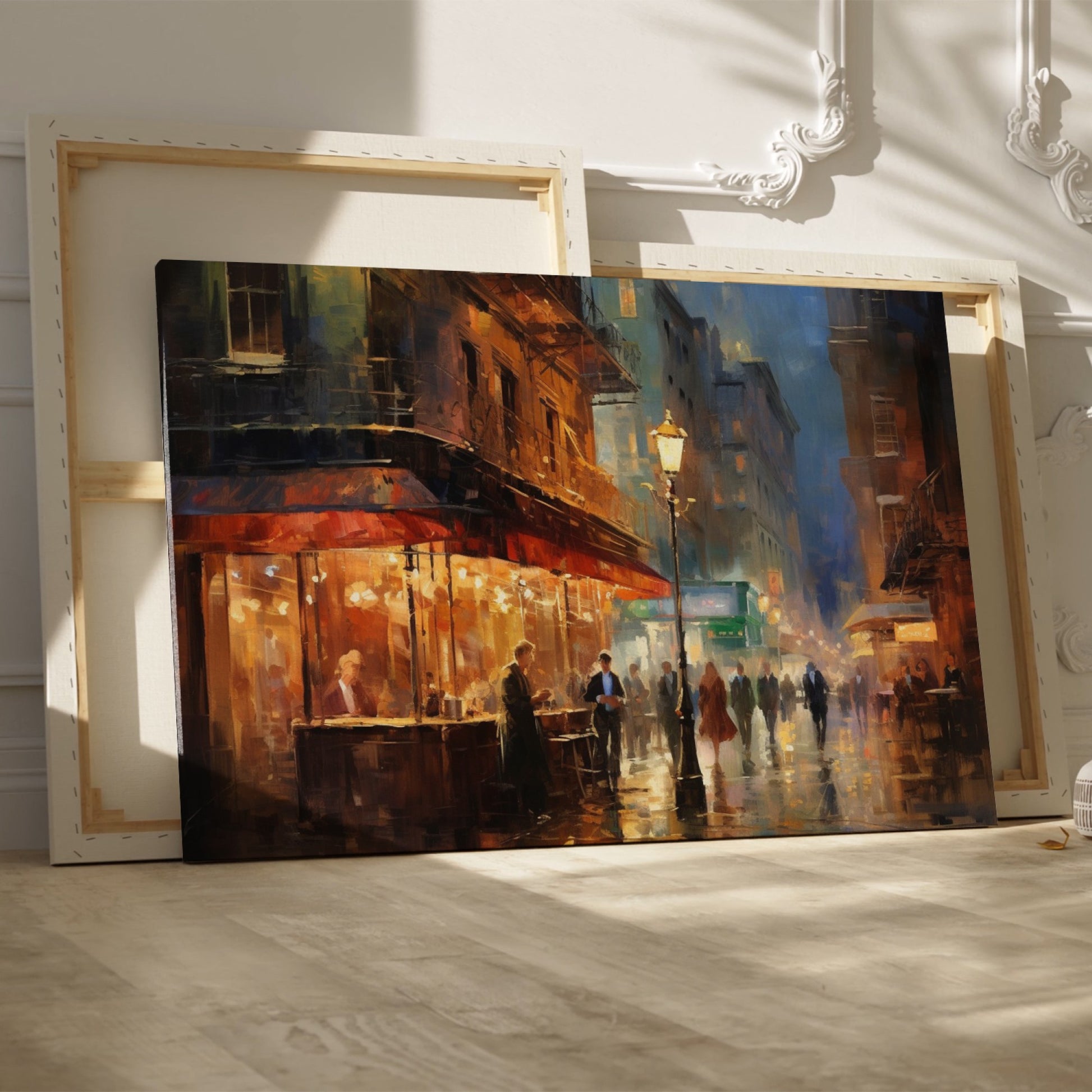 Framed canvas print of an impressionistic cityscape at twilight with a café terrace and bustling streets