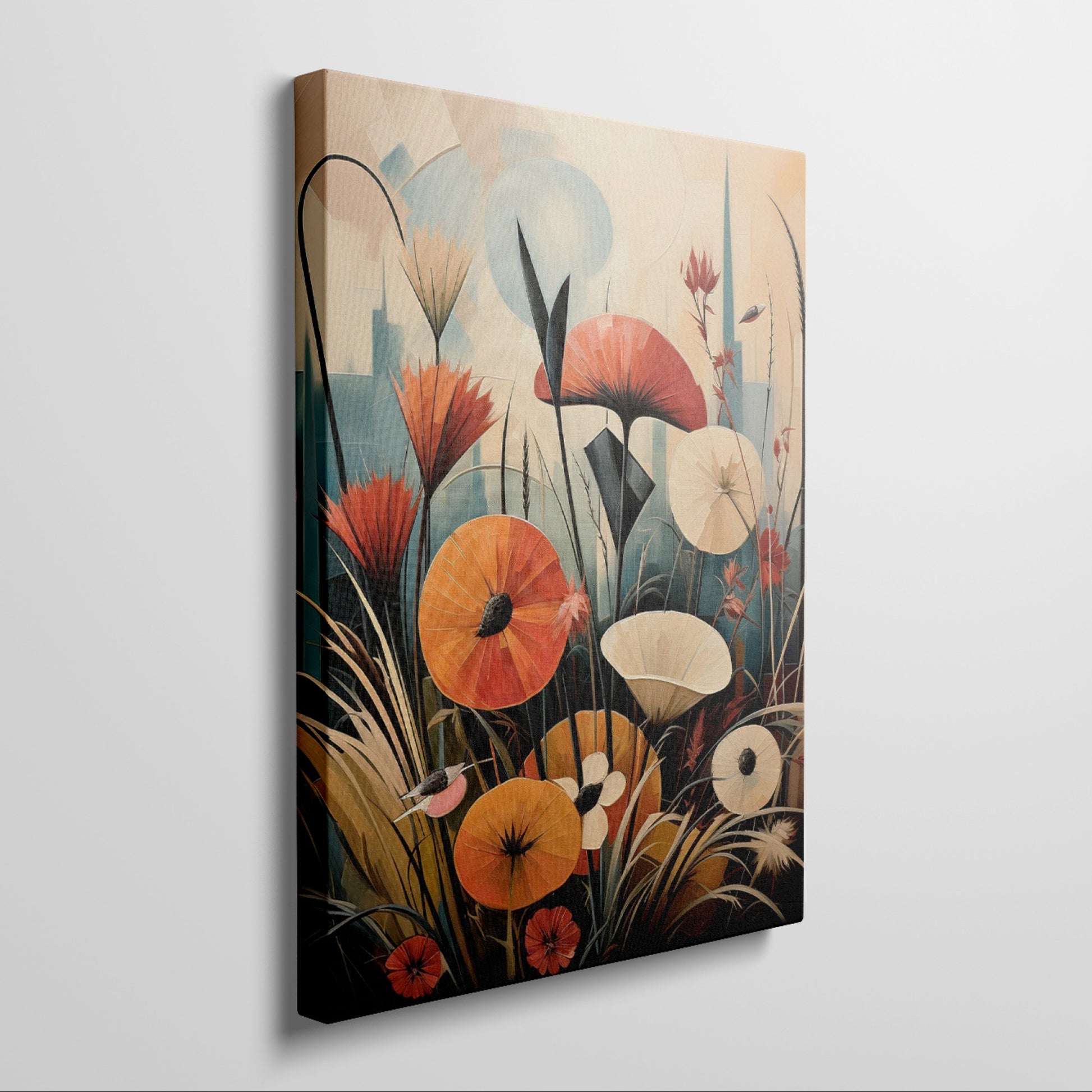 Framed canvas print of stylized poppies with a modern geometric cityscape background