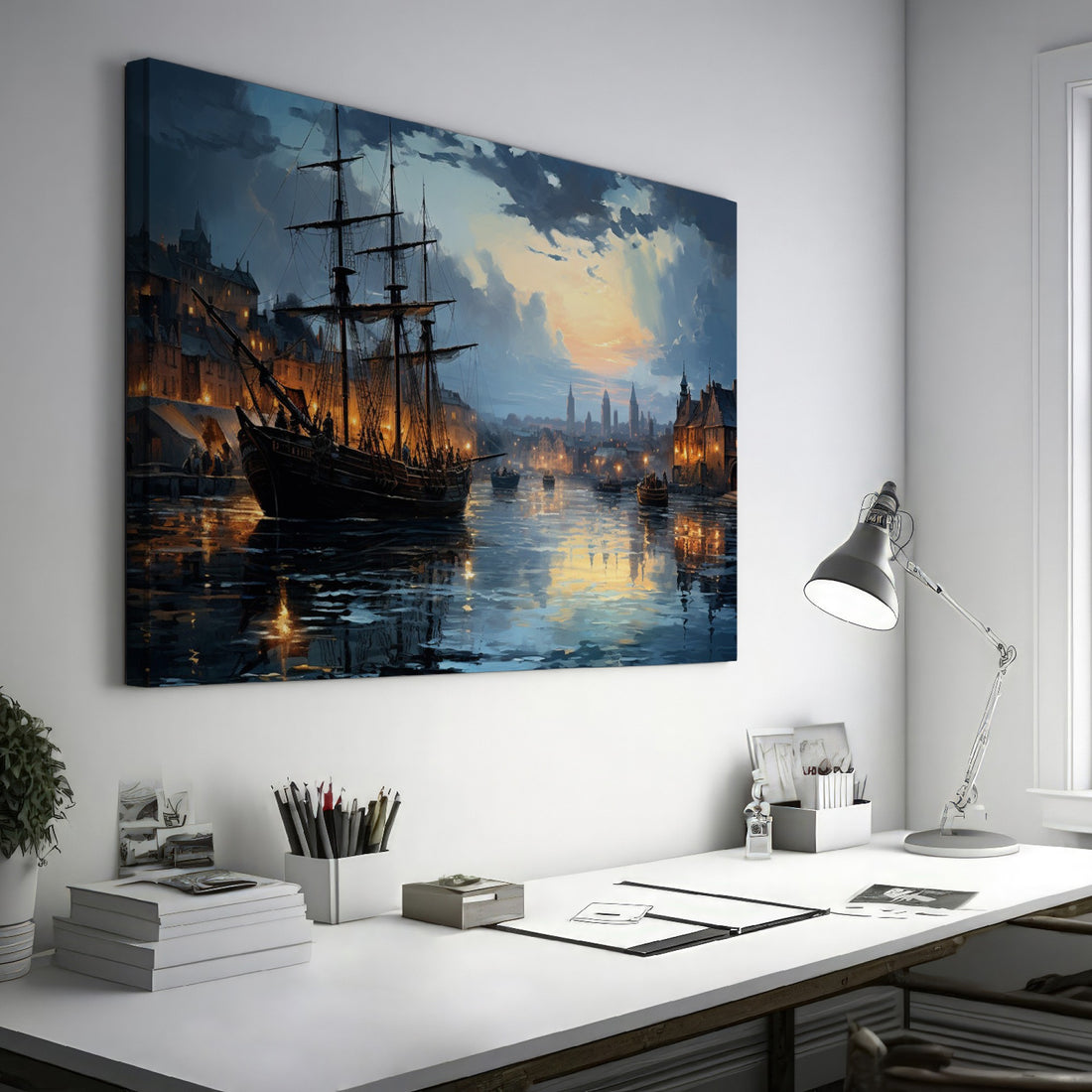 Framed canvas print of historical harbour at sunset with ships and city lights