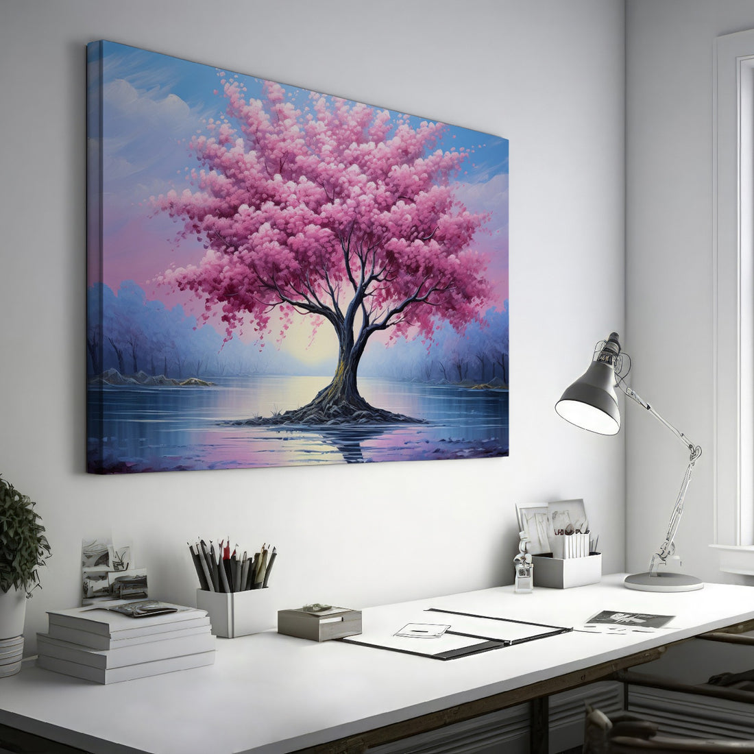 Framed canvas print of a blossoming cherry tree by the water with sunset reflection