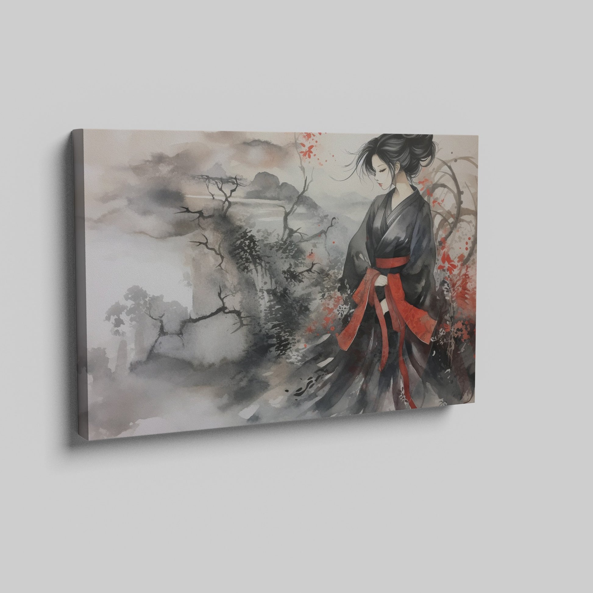 Framed canvas print of a geisha in a traditional black and red attire, set against an Asian-inspired misty mountainous landscape with ink wash and watercolour.