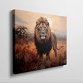 Framed canvas print of a majestic lion against a sunset on the savannah