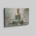 Framed canvas print of a meditative figure in serene surroundings with pastel colours