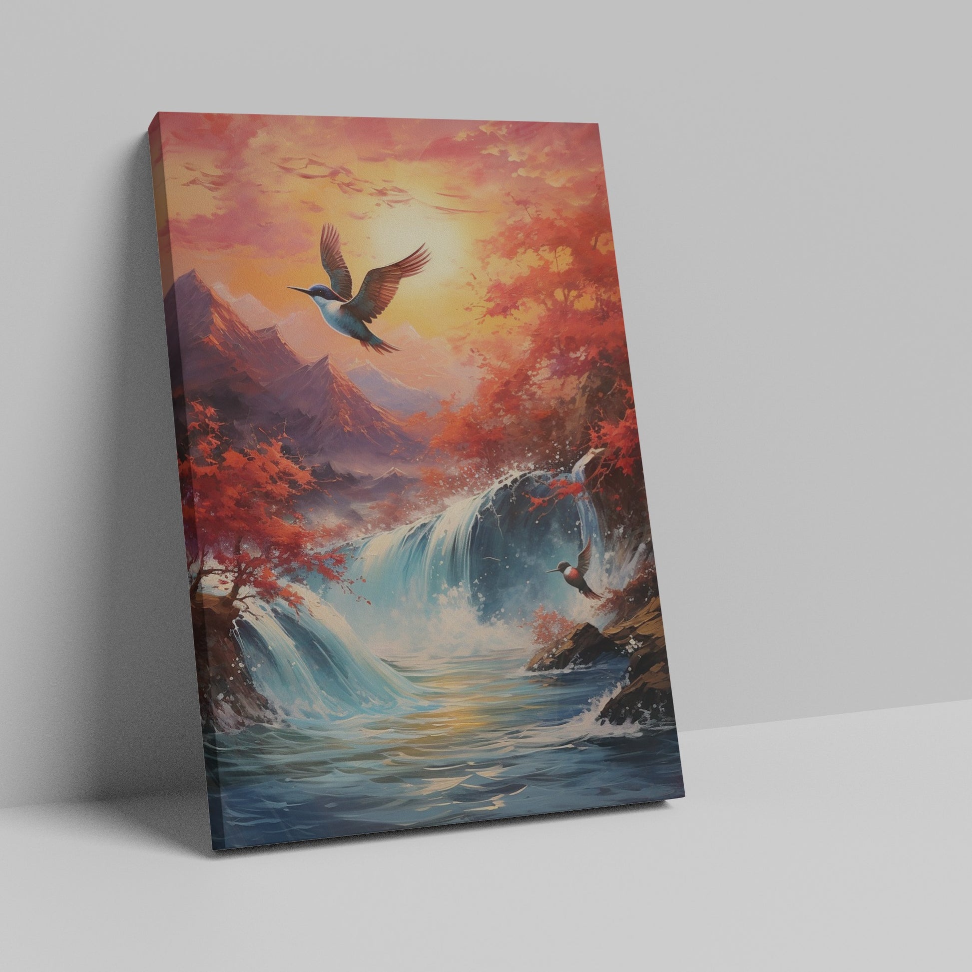 Framed canvas print of a waterfall and autumn trees with birds in flight against a sunset