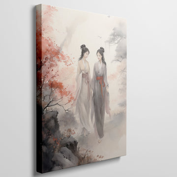 Framed canvas print of two traditional Chinese ladies in an autumnal landscape with red maples