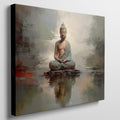 Framed canvas print of a meditative Buddha in warm tones with a reflective water effect