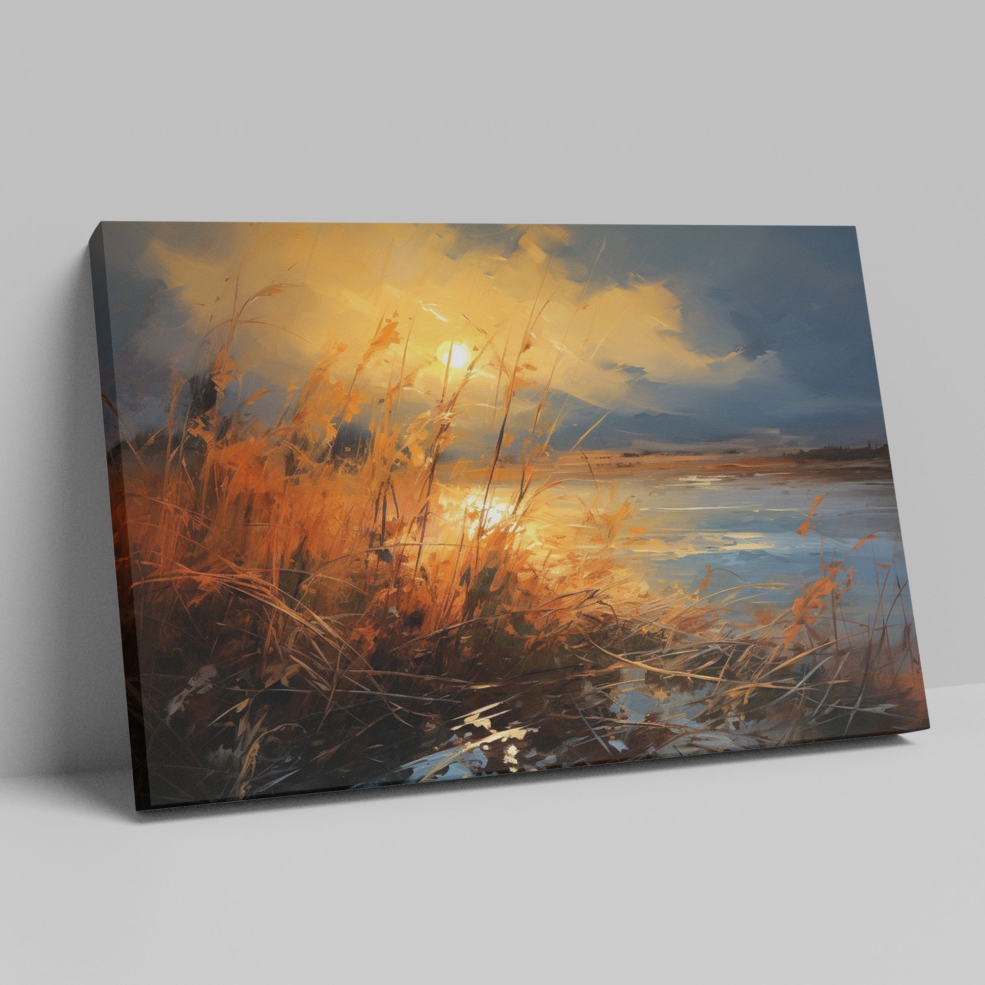 Framed canvas print of impressionist sunset with vivid brushstrokes in golden and blue