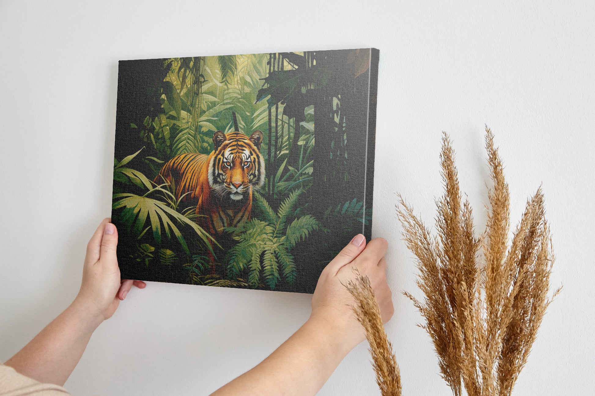 Framed canvas print of a majestic tiger amidst vibrant green tropical foliage