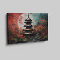 Framed canvas print of an oriental pagoda in crimson and teal colours with moonlit scenery