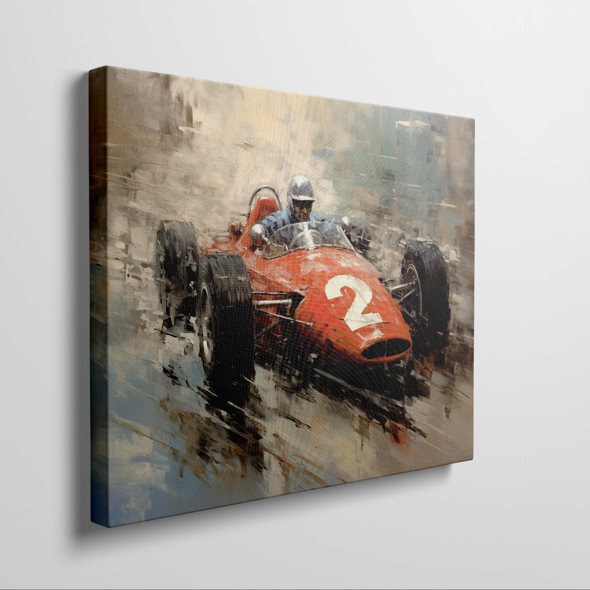 Framed canvas print of a vintage racing car in impressionistic style