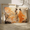 Framed canvas print of two elegant figures in traditional Chinese attire amidst vibrant orange autumn leaves.