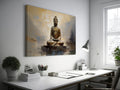 Framed canvas print of a golden Buddha statue with an abstract background