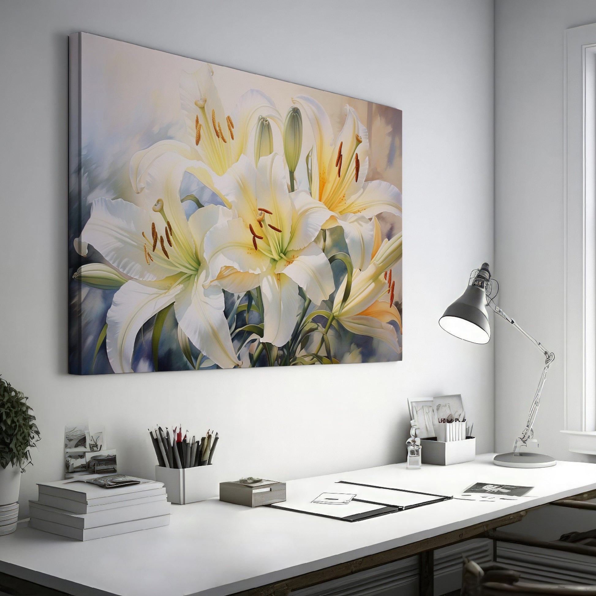 Framed canvas print of realistic white lily flowers with vibrant green foliage on a subtle background