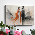 Framed canvas print of elegant ancient Chinese figures in watercolour