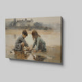 Framed canvas print of two children playing by the shore with a castle in the background