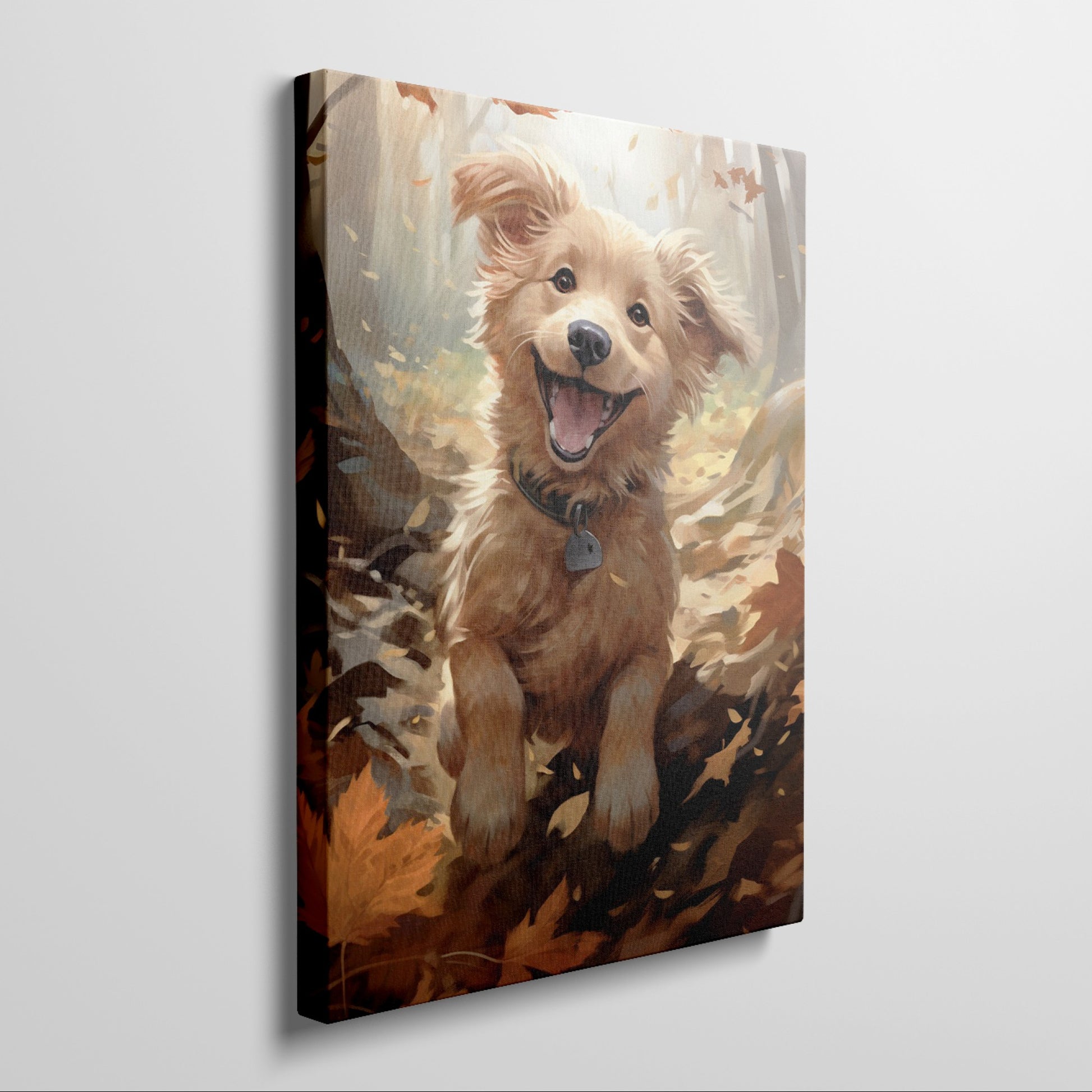 Framed canvas print of a joyful Golden Retriever with autumn leaves in vibrant tones